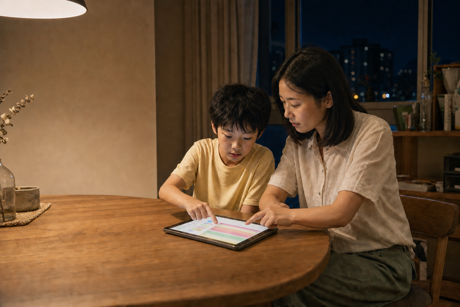 深夜暖灯下，孩子和妈妈一起看着同一部 iPad，讨论并安排明天的日程