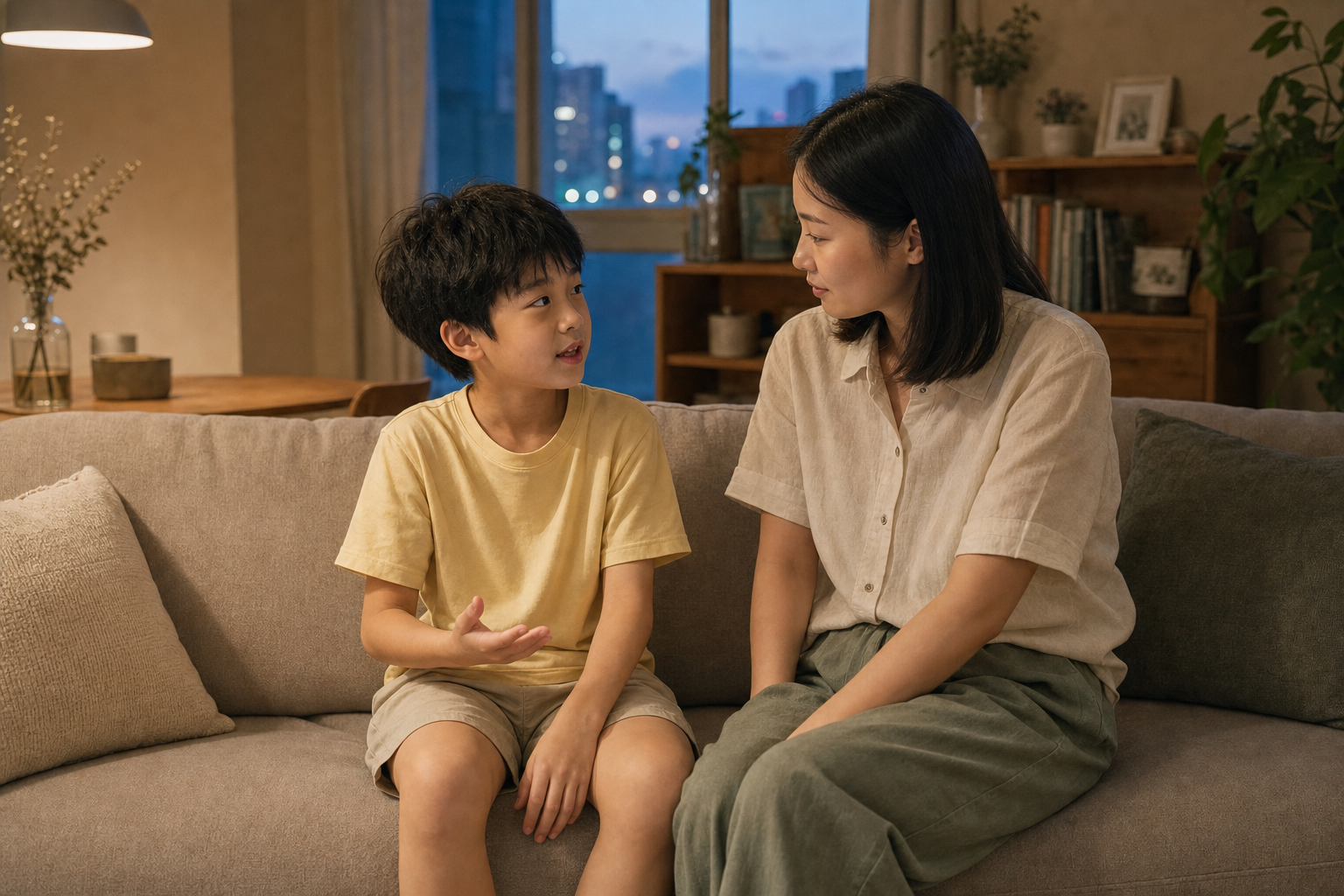 晚上，孩子坐在沙发上讲当天经历，妈妈面对面认真倾听