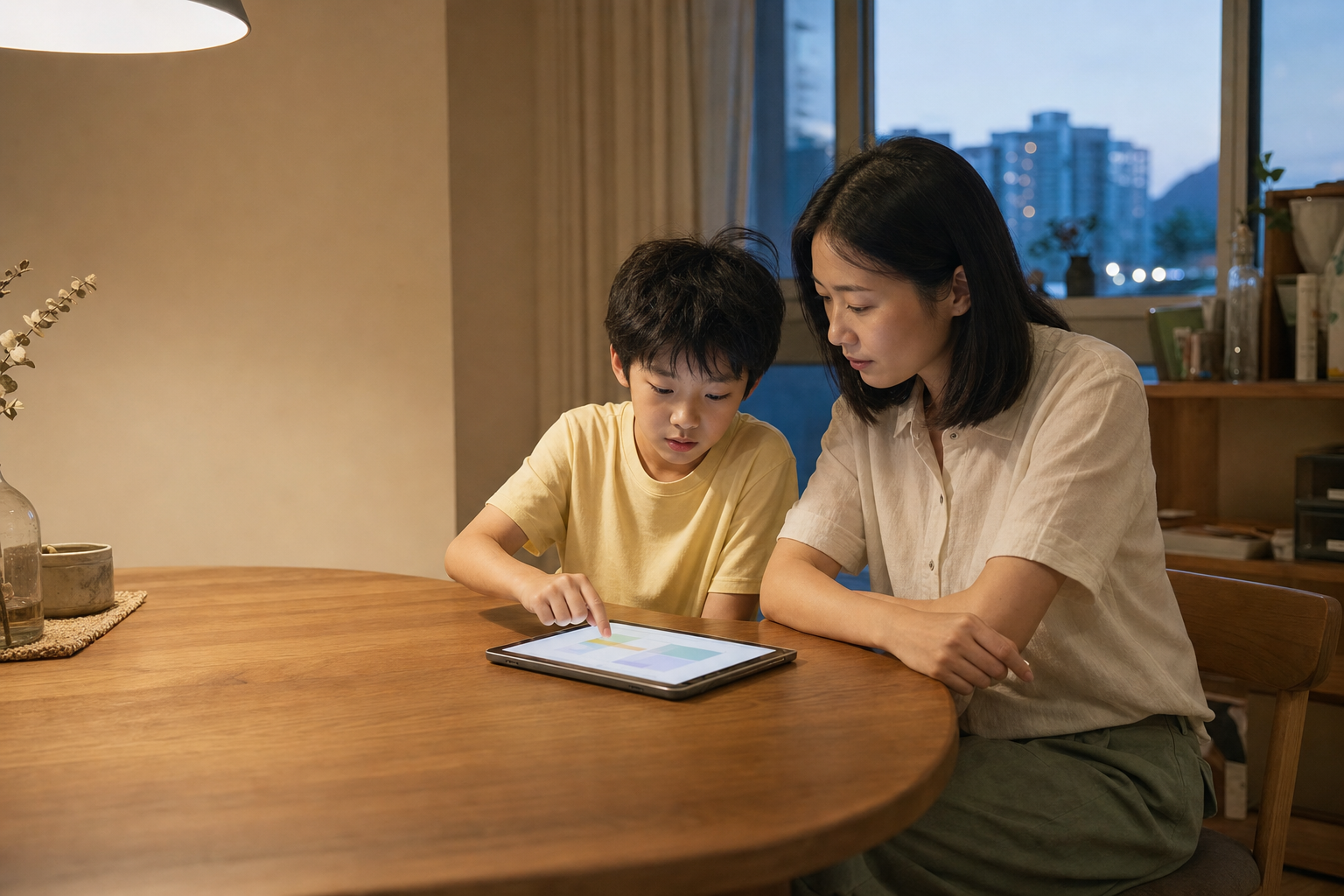 睡前，妈妈和孩子在餐桌旁一起安排第二天的暑假日程
