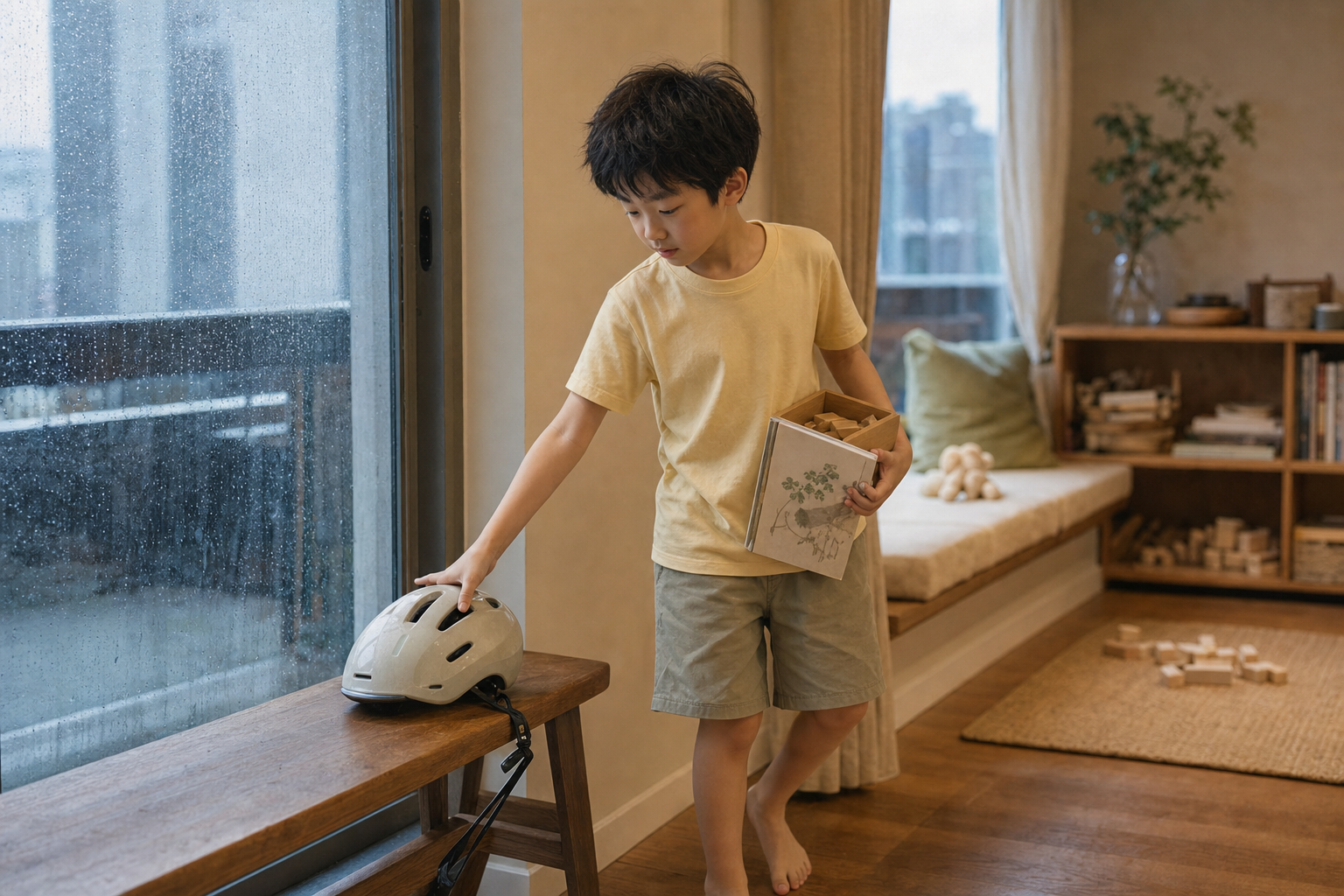 窗外下雨，孩子把骑行头盔放到窗边，抱起绘本和积木转向室内