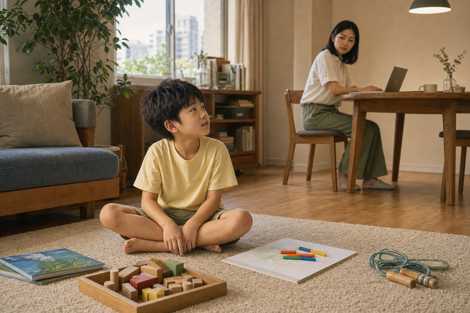 暑假上午，孩子坐在书、积木、画纸和跳绳之间，抬头问正在工作的妈妈今天做什么